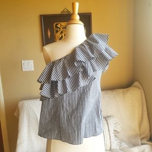 MISA Los Angeles Black Gingham Cold Shoulder Top